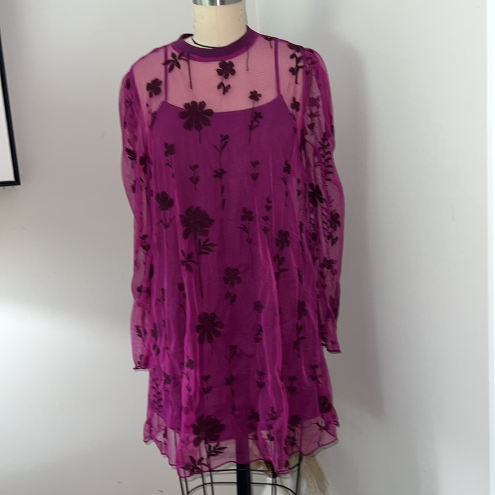 Free People Cecelia Fuchsia Sheer Mini Dress Size X-Small - Picture 6 of 9